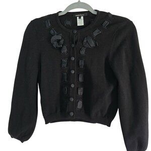 Nanette Lepore Black Covered Button Cropped Cardigan Sweater Silk Ribbon Size S